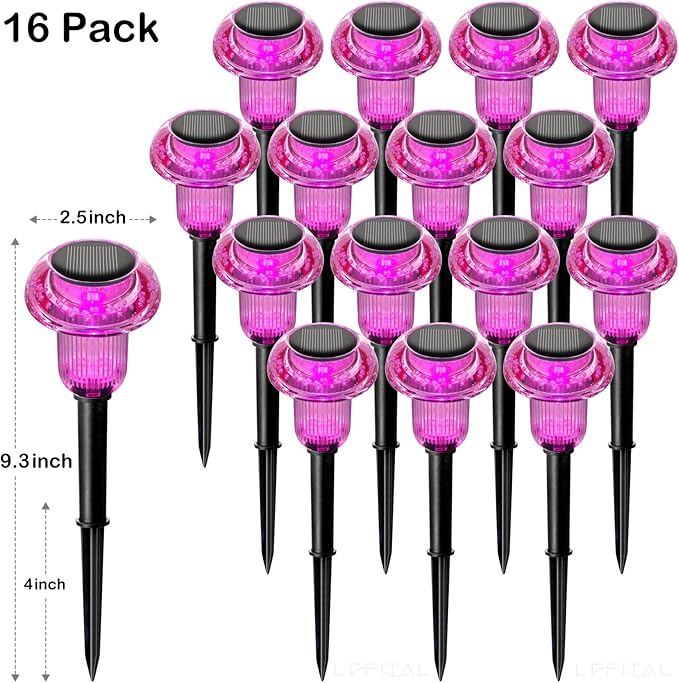 16 Pack Halloween Solar Lights Outdoor Hot Pink Solar Pathway Lights Outdoor Purple Mushroom LED Waterproof Lighting Stake for Outside, Yard, Path, Garden, Lawn, Patio, Landscape Decorations