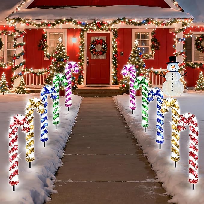 10 Pcs Christmas Candy Cane Lights 21'' Multicolor Candy Cane Pathway Light with 8 Lighting Modes Waterproof Christmas Pathway Lights with Stakes for Walkway Patio Yard Lawn Garden Decoration