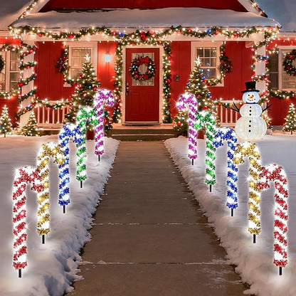 10 Pcs Christmas Candy Cane Lights 21'' Multicolor Candy Cane Pathway Light with 8 Lighting Modes Waterproof Christmas Pathway Lights with Stakes for Walkway Patio Yard Lawn Garden Decoration