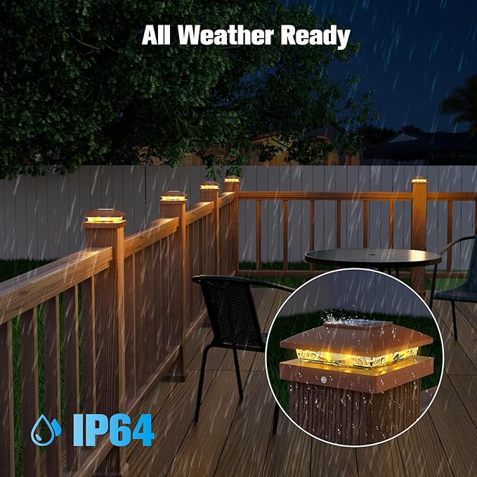 VOLISUN 4x4 Solar Post Cap Light 6pack,Solar Fence - Post Lights Brown Outdoor Waterproof for Wooden/Vinyl Post, with Warm White for Deck