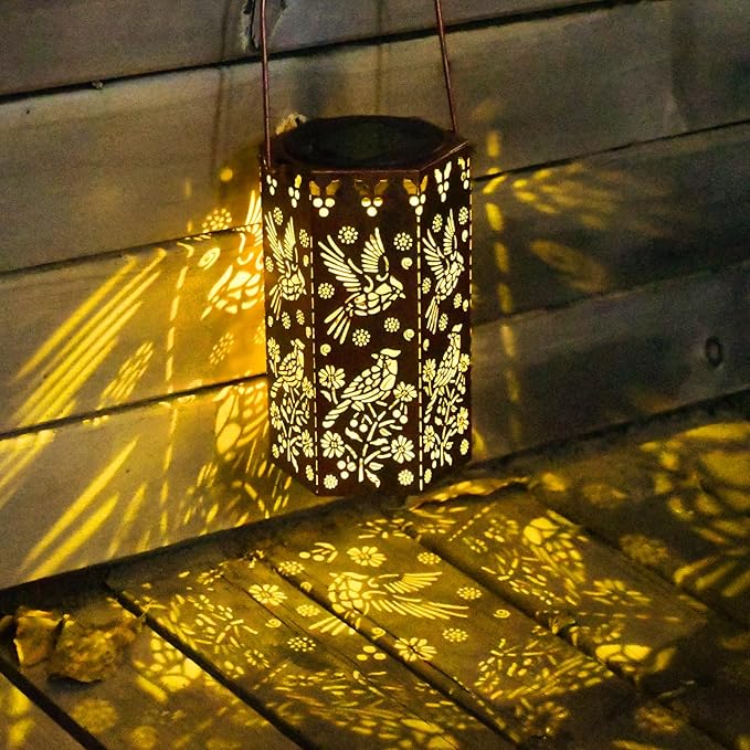 Solar Cardinal Lanterns Outdoor Hanging Lights, Gifts for Mom Dad Men Women, Hollowed-Out Metal Decor Lantern, Waterproof LED Decorative Garden Light