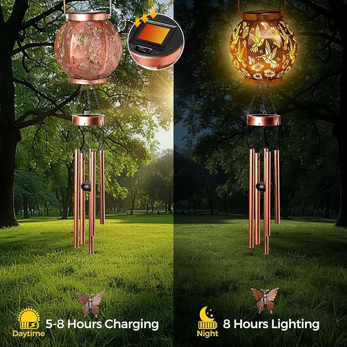 Christmas Hummingbird Lantern Wind Chime - Handcrafted Garden Art with Melodic Tones, Weather-Resistant Metal Wind Chime for Outdoor Patio, Porch, and Garden Decor, for Nature Lovers