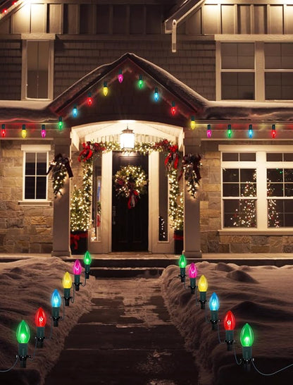 C9 Christmas Pathway Lights Outdoor, 38Ft Outdoor Christmas Decorations with 25 C9 Multicolor Bulbs Marker Stakes Light, Connectable Walkway Lights for Outside Yard Lawn Sidewalk Garden