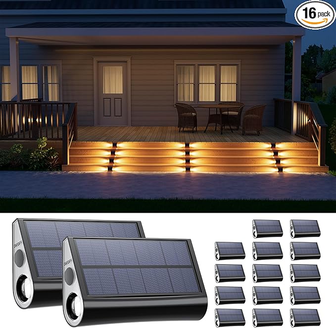 16 Pack Warm White Solar Powered Stair Lights for Outside Waterproof Deck Step Safety LED Ourdoor Decorative Lamps for Railing, House, Pathway, Backyard, Patio, Garden, 2 Easy Installation in 1 Min