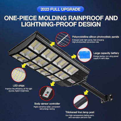 4000W Solar Street Lights Outdoor Waterproof, 400000LM, Dusk to Dawn Solar with Motion Sensor and Remote Control, LED Flood Light, Luces solares para exteriores, Suitable for courtyards, Garage.