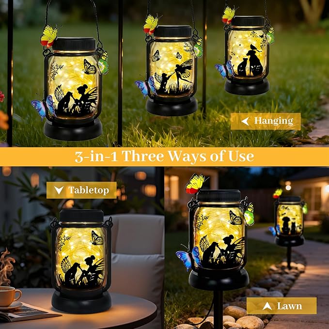 Dog Solar Lanterns Outdoor Garden Solar Dog Lights Dog & Cat Lover Gifts for Women Mom Grandma, Butterfly Fairy Lights Waterproof Hanging Mason Jar Lamps (Fairy Dog Butterfly)