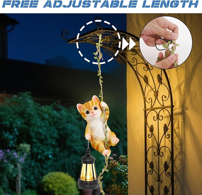 Solar Hanging Cat Statue, Outdoor Resin Orange Cat Figurine with LED Lights, Ginger Kitty Animal Ornament for Garden, Fence, Porch, Patio, Yard Decor, Dusk to Dawn Auto On/Off