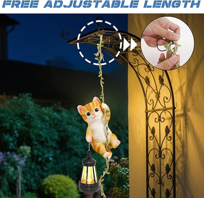 Solar Hanging Cat Statue, Outdoor Resin Orange Cat Figurine with LED Lights, Ginger Kitty Animal Ornament for Garden, Fence, Porch, Patio, Yard Decor, Dusk to Dawn Auto On/Off