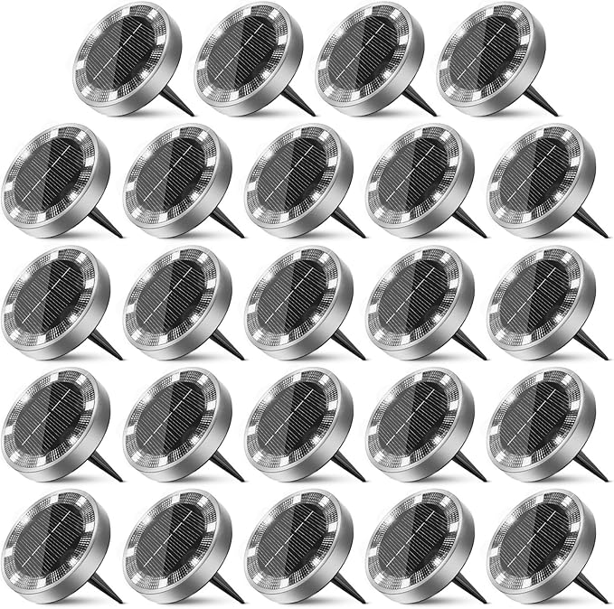 Peasur Solar Ground Lights Outdoor, 24 Pack Flat Solar Powered Disc Lights, IP68 Waterproof, Anti-Rust, Landscape Lighting for Pathway Garden Yard Lawn Walkway Landscape Driveway, Cool White