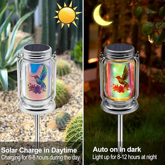 ANGMLN 2 Pack Solar Fairy Lanterns , Adorable Hummingbird Theme in Silver Glass Mason Jars, Gifts for Mom, Grandma, and Women, Waterproof Garden Lights for Patio Yard Lawn Tree Party Outdoor Decor