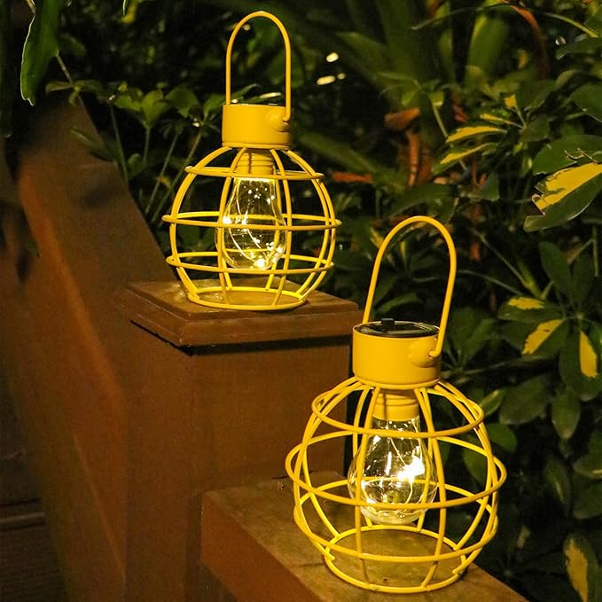 2 Pack Solar Lanterns Outdoor Hanging Lights, Metal Solar Lantern Outdoor Waterproof Auto On/Off Solar Light for Patio Backyard Pathway Porch, Yellow