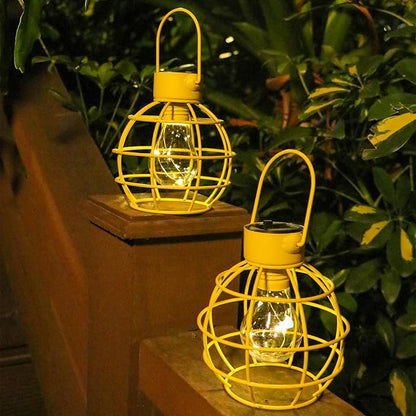 2 Pack Solar Lanterns Outdoor Hanging Lights, Metal Solar Lantern Outdoor Waterproof Auto On/Off Solar Light for Patio Backyard Pathway Porch, Yellow