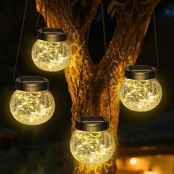 Kolpop 4 Pack Hanging Solar Lights for Outside, Cracked Glass Solar Lanterns Lights Outdoor Waterproof ,30 LED Hanging Globes Lights for Christmas Decoration, Shepherd Hook, Warm White