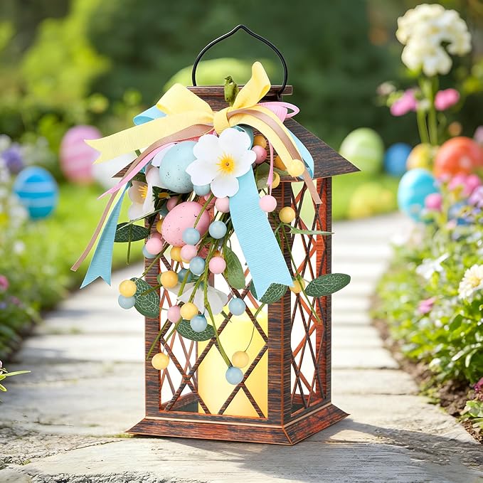 Easter Solar Lanterns Outdoor, Waterproof Garden Hanging Lanterns, 13" Outdoor Decorative Lantern with LED Flickering Flameless Candles, Easter Lantern for Porch, Yard,Patio Decor