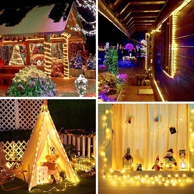 Brightown Solar String Lights Outdoor 2 Pack 72 Feet 200 LED Waterproof Solar Powered String Lights with 8 Lighting Modes, Waterproof Solar Rope Lights for Outside Christmas Party, Warm White