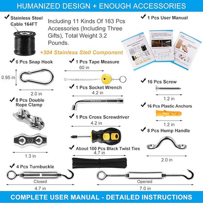String Light Hanging Kit,Guide Wire for Outdoor String Lights, Shade sail Hardware kit,with 164 Ft Nylon Coated Stainless Steel 304 Wire Rope
