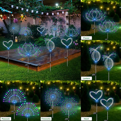 Solar Garden Lights Outdoor Waterproof, 2 Pack 120 LED Solar Firework Lights Decorative Garden Décor Outside for Flowerbed Pathway Party Halloween Christmas Decorations, Green + Purple
