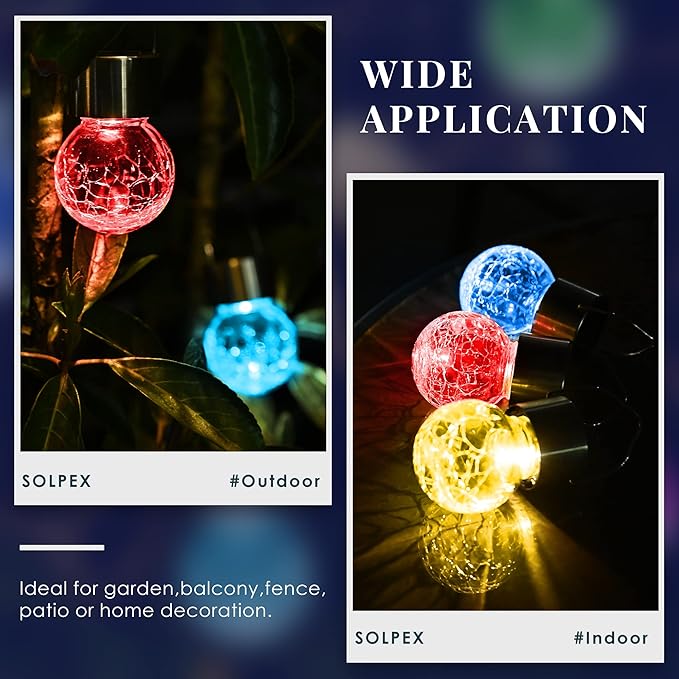 Solpex Hanging Solar Lights Outdoor, 8 Pack Decorative Cracked Glass Ball Light, Solar Powered Waterproof Globe Lighting, Hanging Globe Solar Lights for Garden, Yard, Patio, Lawn, Flower Bed