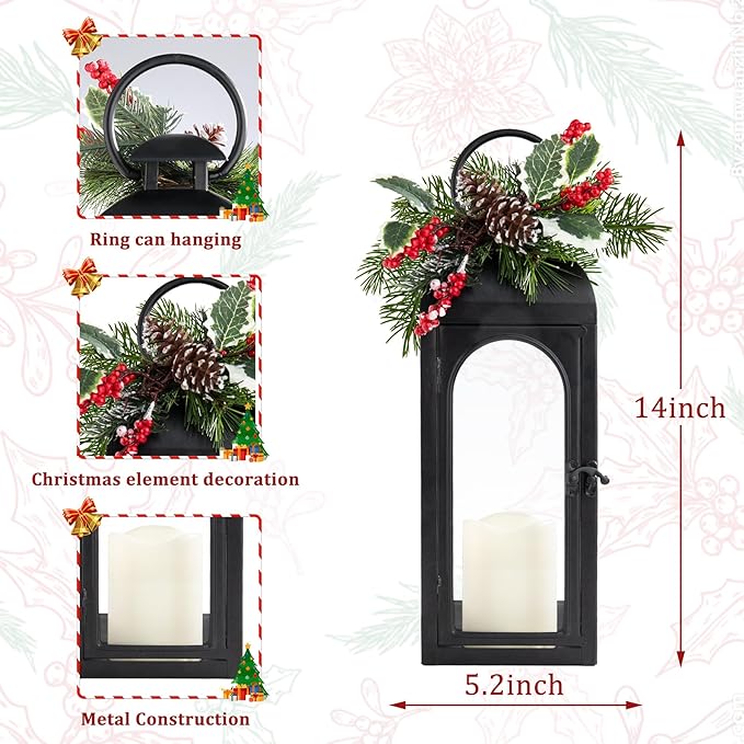 Decorative Candle Lanterns Outdoor Large 15.5“ Battery Powered Hanging Lanterns with Flameless Candle for Front Porch, Entrance, Indoor, Black, 1 Pack
