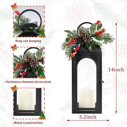Decorative Candle Lanterns Outdoor Large 15.5“ Battery Powered Hanging Lanterns with Flameless Candle for Front Porch, Entrance, Indoor, Black, 1 Pack