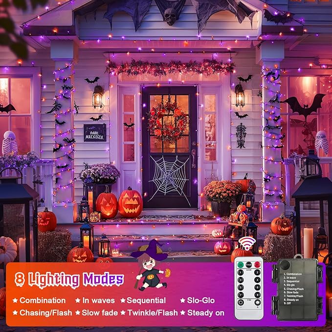 JMEXSUSS Orange and Purple Halloween Lights Battery Operated, Each 33 FT Indoor Halloween Lights Outdoor Waterproof, 2 Pack 100 LED Christmas Light for Christmas Tree Decor