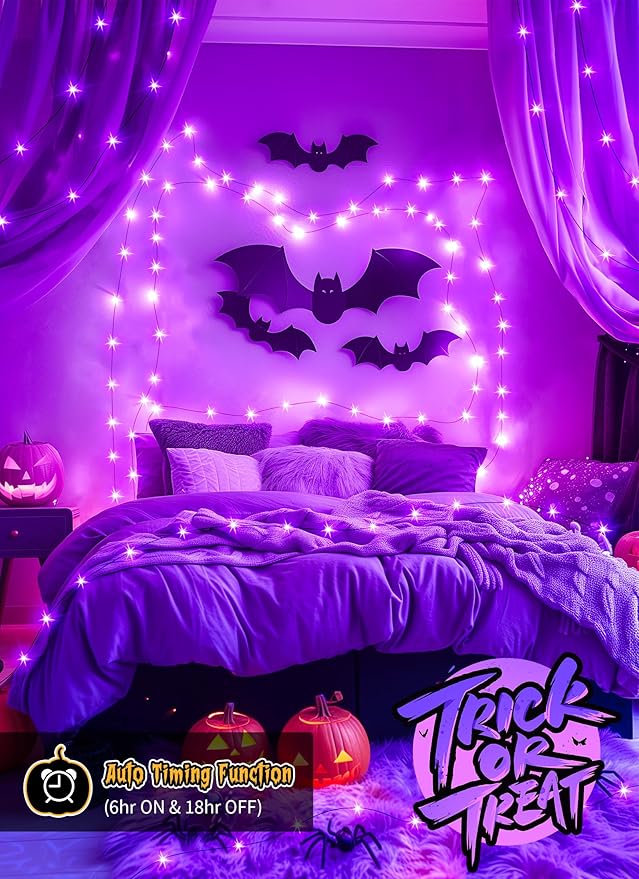 4-Pack 132ft Halloween LED String Lights, Waterproof Timer Lights