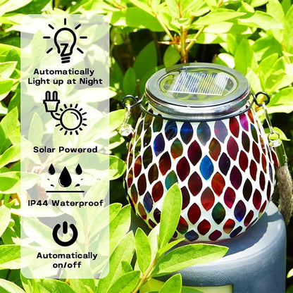Mosaic Red Solar Lanterns, Outdoor Glass Hanging Lights, Waterproof, Solar Table Lamps, Christmas Gifts for Women Mom Grandma, Night Lights, Decoration for Garden, Patio, Yard, Party, Outdoor Decor