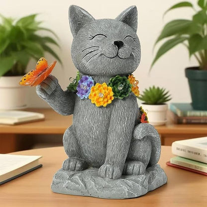 Solar Cat Garden Statue - 7 LED Lights with Flowers & Butterfly Yard Art, Lawn Porch Outdoor Decor, Gift for Mom, Grandma & Women