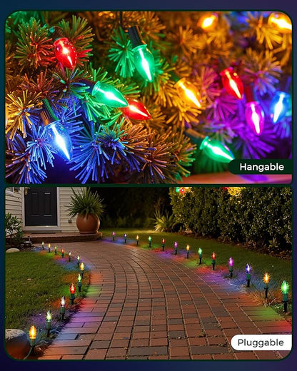 2-Pack C9 Christmas Lights Outdoor, 51.4ft 40 Bulb Pathway Lights with Stakes, Multicolor
