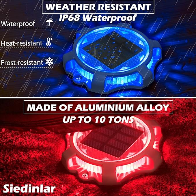 Siedinlar Solar Deck Lights Outdoor 2 Modes LED Driveway Markers Dock Light Waterproof for Step Walkway Ground Stair Pathway Yard Road Garden 1 Pack (Blue/Red)