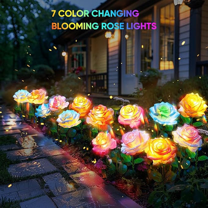 10 Pack Solar Flowers Lights Outdoor Waterproof for Garden Decor, Solar Garden Lights for Outside, Outdoor Solar Lights for Yard with Solar Rose Lights, Yard Decorations