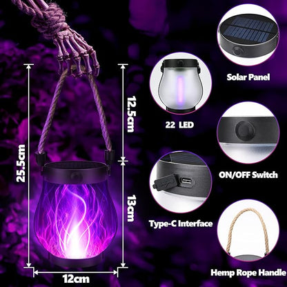Solar Flame Lantern Hanging Outdoor Waterproof Purple - 2 Pack Flame Lanterns with Dual Charging Modes of Solar & USB for Garden or Yard Decorations (Purple - 2 Pack)