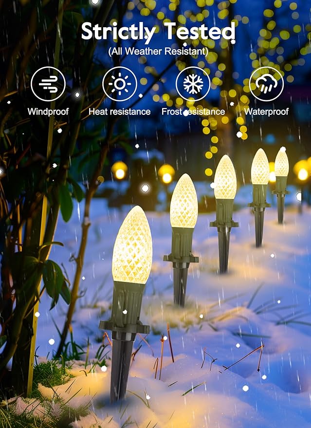 Brightown Solar C9 LED Christmas Lights Outdoor House, 50Ft 40 Faceted Bulbs, Waterproof Strawberry Light for Walkway Driveway Sidewalk Decorations Outside, Warm White