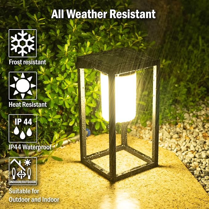 Outdoor Solar Lantern Table Lamp, Black Metal Portable Rechargeable Solar Lamp Waterproof Outdoor Lamps Decorative Large Outdoor Lanterns for Porch Patio Camping Walking Reading