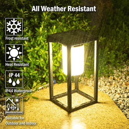 Outdoor Solar Lantern Table Lamp, Black Metal Portable Rechargeable Solar Lamp Waterproof Outdoor Lamps Decorative Large Outdoor Lanterns for Porch Patio Camping Walking Reading