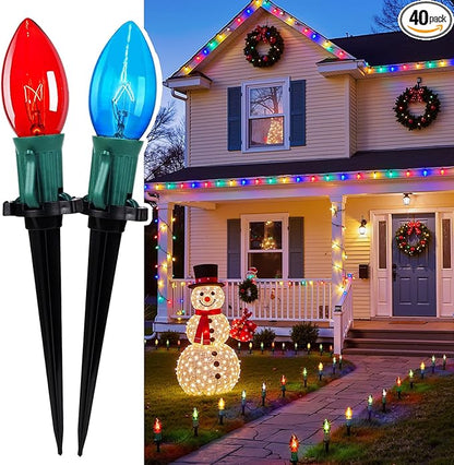 2-Pack Pathway Christmas Lights Outdoor, 25.7ft 40 Bulb Lights with Stakes, Multicolor