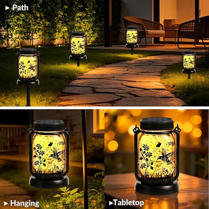 Hummingbird Solar Lanterns Outdoor Waterproof Hanging Solar Lantern Lights Glass Mason Jar Garden Decor 3 in 1 Hummingbird/Cat/Dog for Mom Grandma Sister Birthday, 1*Lanterns & 3*Patterns