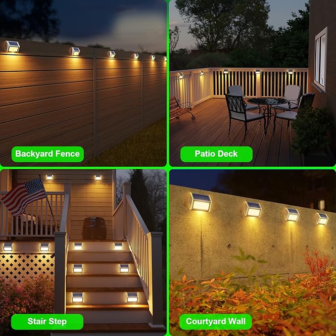 JSOT Solar Fence Lights - Solar Lights Outdoor Waterproof, Outdoor Light Deck Light for Outside Garden Backyard Patio Yard Wall Stair Step Post 3LED Lighting, Warm Light, 6 Pack