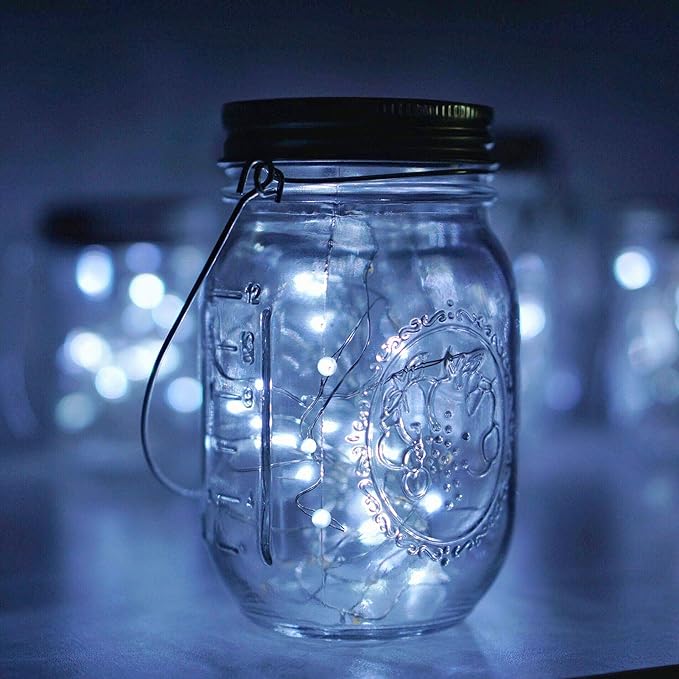 Solar Mason Jar Lights, 6 Pack 10 LED Jar Lid String Lights with 6 Hangers(No Jars), Waterproof Fairy Firefly Light for Garden, Patio, Outdoor, Yard, Lawn Decor(Cold White)