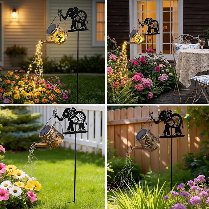 LOVERUIS Solar Garden Decor,Outdoor Elephant Statues with Solar Watering Can Lights-Yard Decorations for Patio, Backyard, Lawn Ornaments-Unique Birthday House Warming Gifts for Women, Mom, Grandma