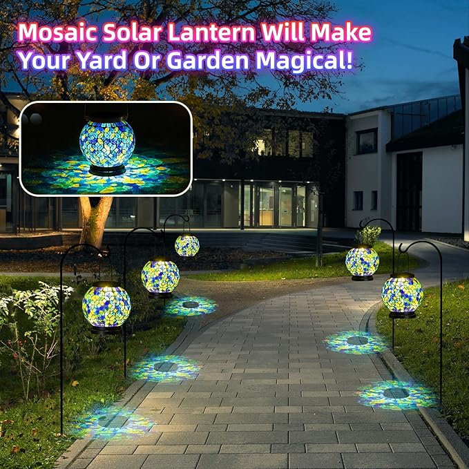 Mosaic Solar Hanging Lanterns, Metal Garden Decor