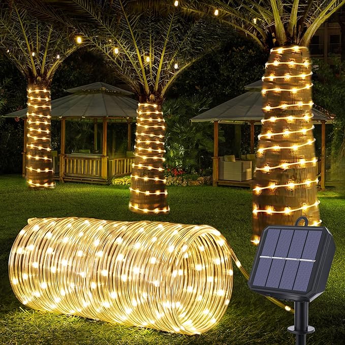 Solar Rope Lights Outdoor, 33ft 100 LED 8-Mode Waterproof String Tube Light for Garden & Patio, Warm White