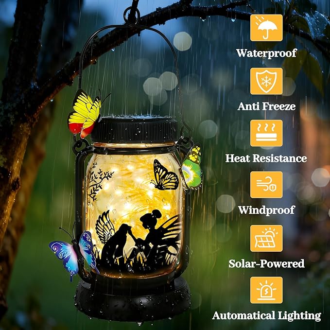 Dog Solar Lanterns Outdoor Garden Solar Dog Lights Dog & Cat Lover Gifts for Women Mom Grandma, Butterfly Fairy Lights Waterproof Hanging Mason Jar Lamps (Fairy Dog Butterfly)