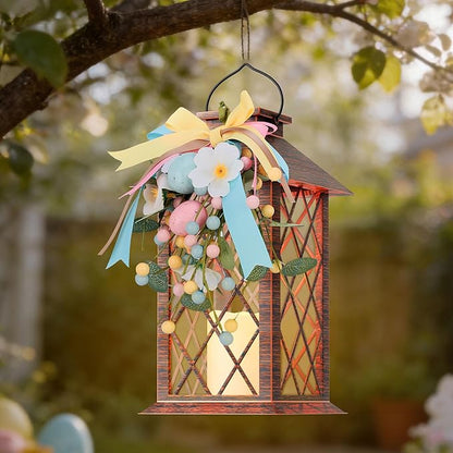 Easter Solar Lanterns Outdoor Waterproof, Hanging Spring and Easter Lantern with Flickering LED Candle, 13'' Bronze Outside Solar Powered Decorative Lantern for Patio Porch Garden Yard Pathway, 1 Pack