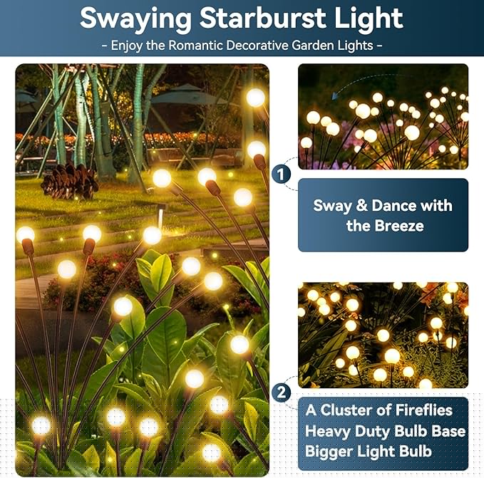 Solar Garden Lights Outdoor Waterproof, 4 Pack 32 LED Swaying Firefly Lights Outdoor Decor Light for Pathway Party Christmas Decoration, Unique Gifts for Women, Warm White