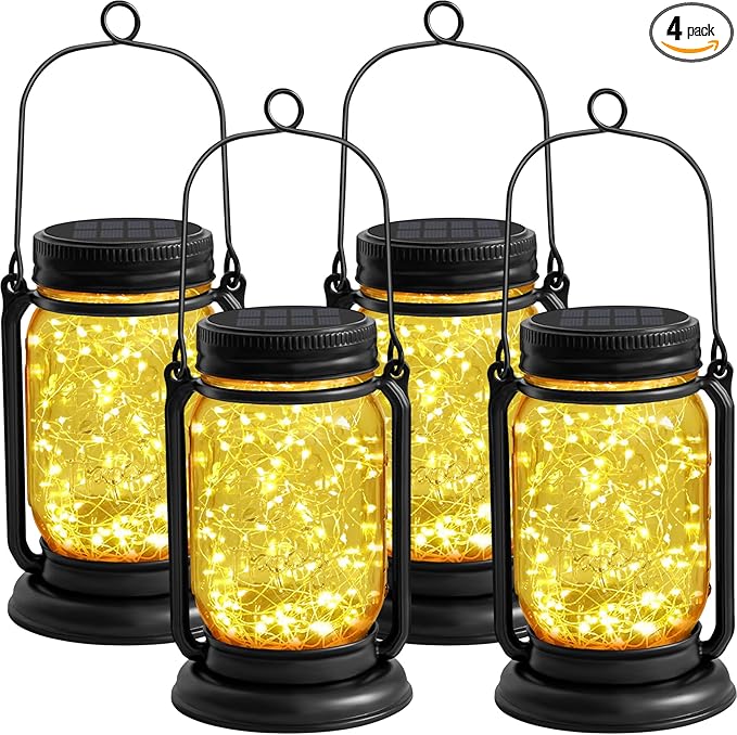 4 Pack Hanging Solar Lantern Lights,Vintage Glass Mason Jar Solar Fairy Lights, Birthday Mothers Day Gifts for Woman Mom Grandmom,Outdoor Decorative Waterproof Table Lamp for Yard Lawn Tree