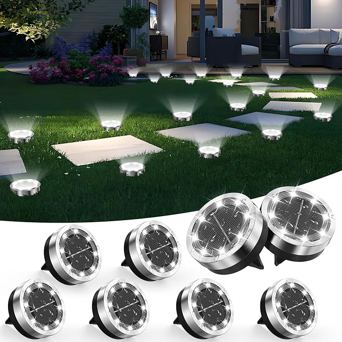 Solar Ground Lights Outdoor, 8 Pack Solar Lights Outdoor Waterproof, Mini Flat Solar-Powered Garden Light, Landscape Lighting for Garden Yard Lawn Pathway Walkway Driveway Backyard Decor, Cold White