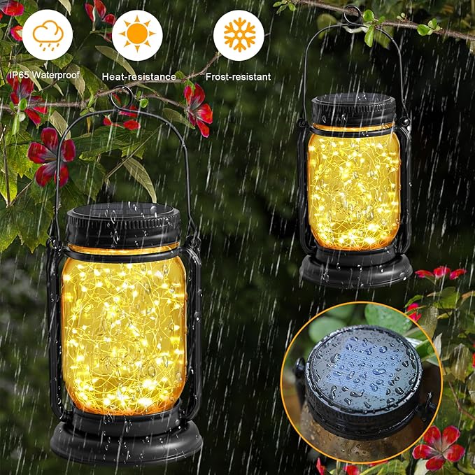 4 Pack Hanging Solar Lantern Lights,Vintage Glass Mason Jar Solar Fairy Lights, Birthday Mothers Day Gifts for Woman Mom Grandmom,Outdoor Decorative Waterproof Table Lamp for Yard Lawn Tree