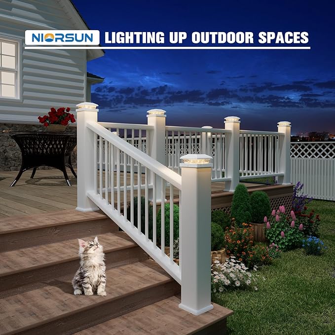 NIORSUN Solar Post Lights Outdoor, Fence Post Solar Lights Warm White, Waterproof, Garden Patio Fence Deck Decor, 4x4 Posts Cap Wood Vinyl, 5x5 Vinyl, White 12 Pack