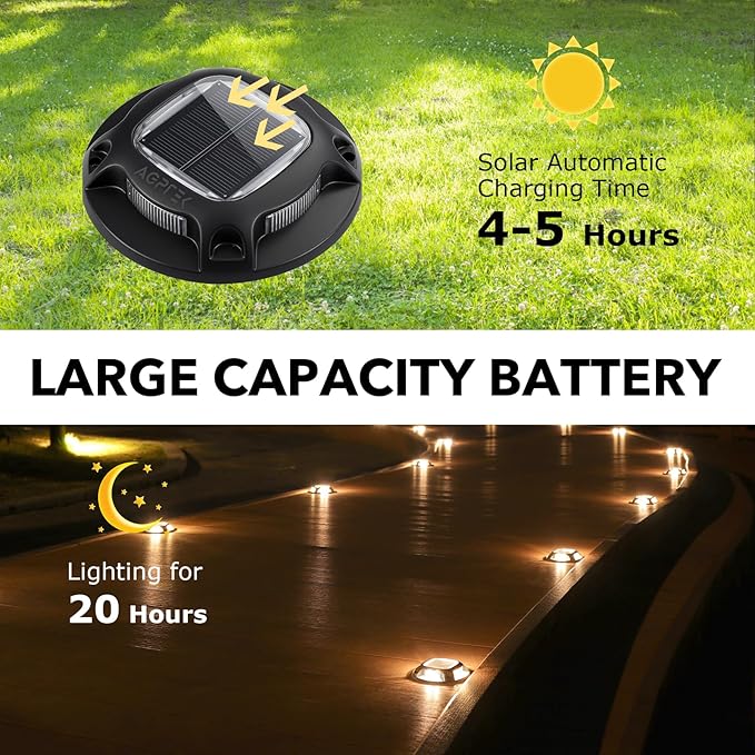 AGPTEK Solar Driveway Lights Outdoor 4 Pack, 2 Color Modes LED Deck Dock Marine Waterproof Driveway Marker Lights for Step Sidewalk Stair Garden Pathway Walkway Yard (Warm White/Cool White, Black)